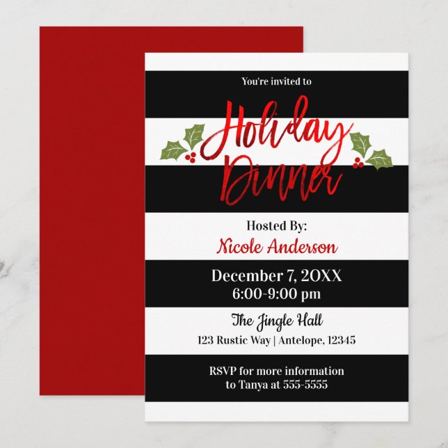 Invitation Red Foil Sleek Shirt Moderne Script Dîner de vacan (Devant / Derrière)
