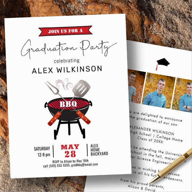 Invitation Red Fun Script 3 Photo Simple Graduation BBQ Party (Créateur téléchargé)
