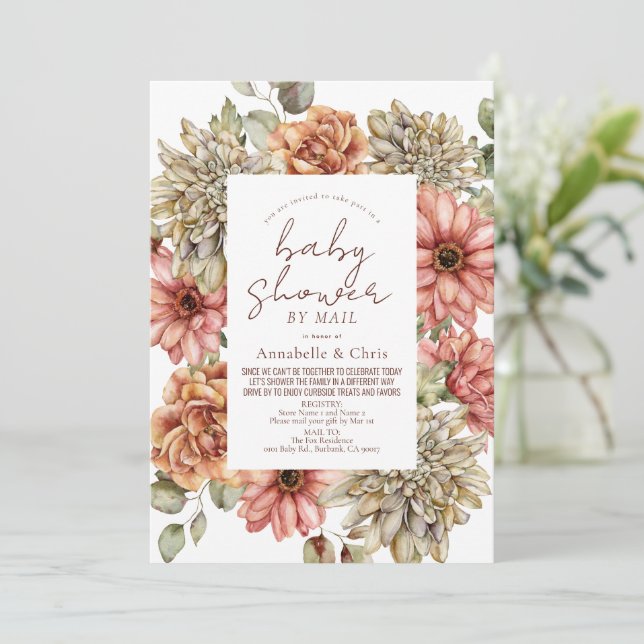 Invitation Red Gerbera & White Dahlia Baby shower par courrie (Debout devant)