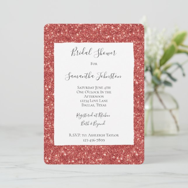 Invitation Red Glitzy Glitter Sparkle Bridal Shower (Debout devant)
