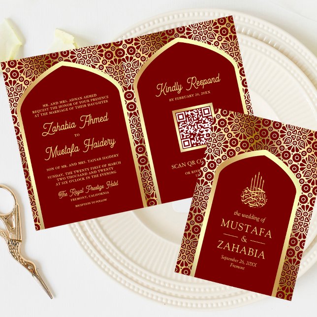 Invitation Red Gold Arch Perse QR Code Mariage musulman (Créateur téléchargé)
