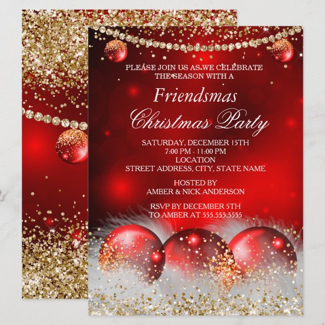 Invitation Red Gold Baubles amis Fête de Noël (Devant / Derrière)