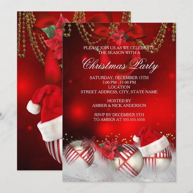 Invitation Red Gold Baubles Santa Hat fête de Noël (Devant / Derrière)