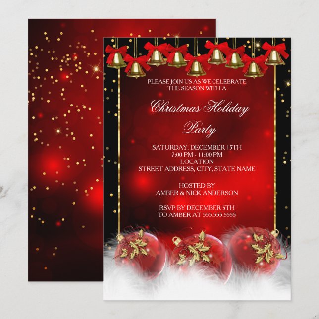 Invitation Red Gold Bells Baubles Noël (Devant / Derrière)