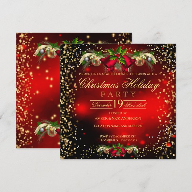 Invitation Red Gold Bells Holly Noël Fête de Noël (Devant / Derrière)