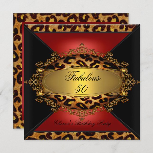 Invitation Red Gold Black Leopard fête d'anniversaire 50e 50  (Devant / Derrière)