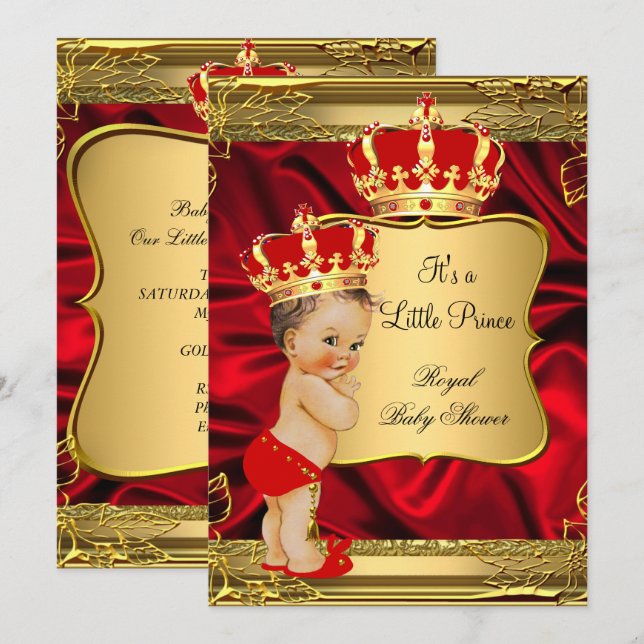 Invitation Red Gold Brunette Baby Boy Prince Baby shower (Devant / Derrière)