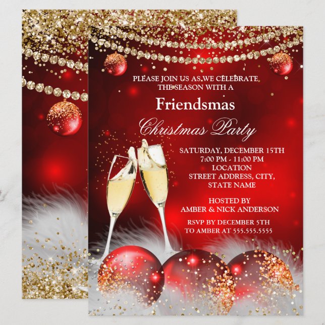 Invitation Red Gold Champagne Friendsmsmans Christmas Party (Devant / Derrière)