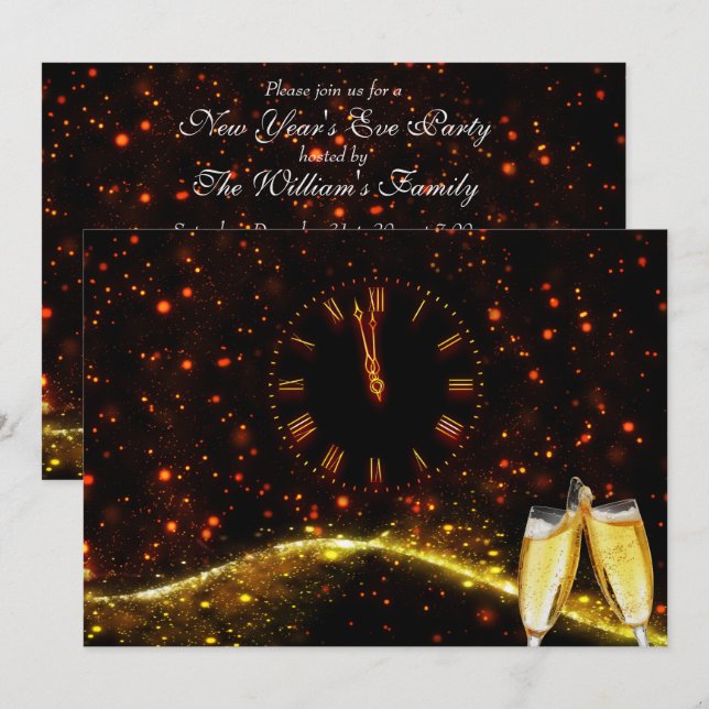 Invitation Red, Gold Champagne & Horloge Réveillon du Nouvel  (Devant / Derrière)