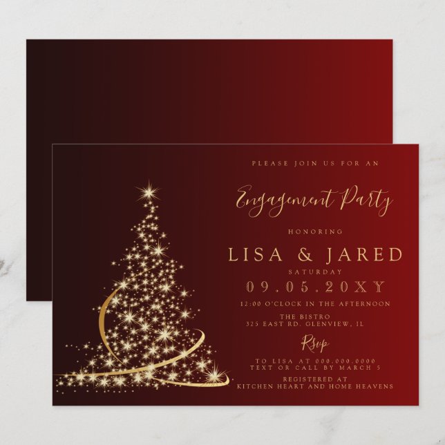 Invitation Red Gold Christmas Tree Winter Engagement (Devant / Derrière)