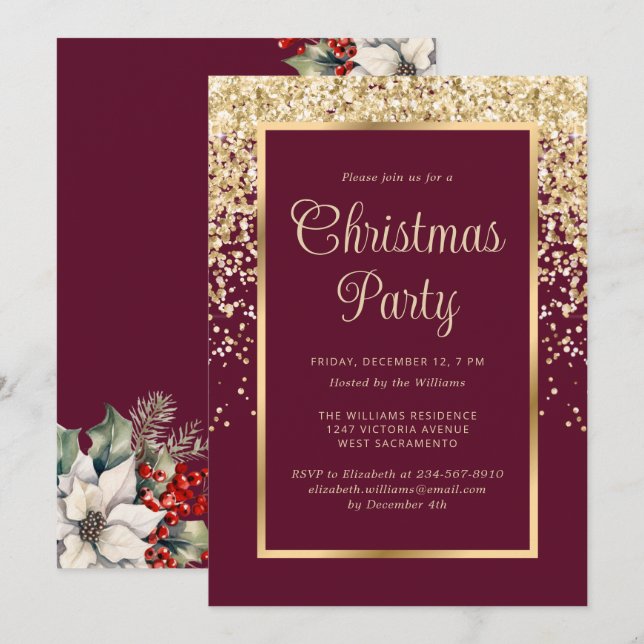 Invitation Red Gold Confetti Botanical Christmas Party (Devant / Derrière)