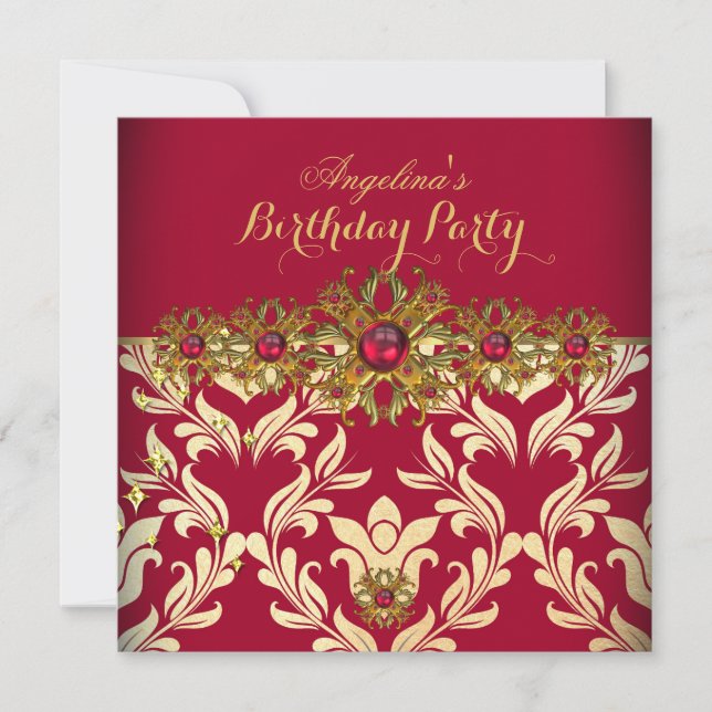 Invitation Red Gold Damask Élégante fête d'anniversaire (Devant)