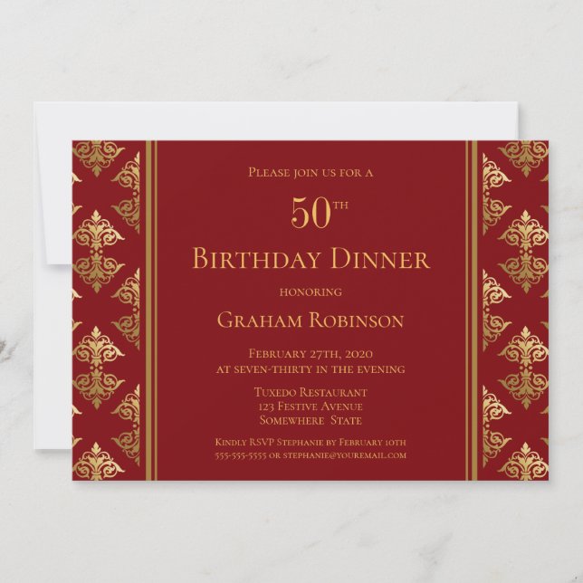 Invitation Red Gold Damask Patterned 50th Birthday Dinner (Devant)