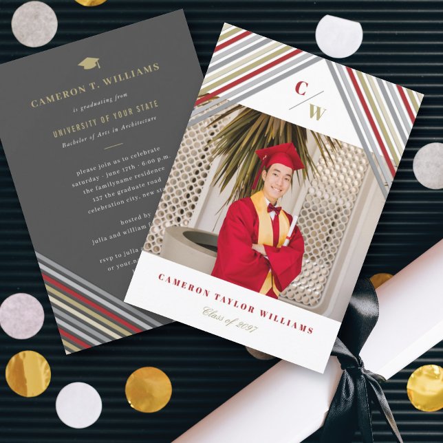 Invitation Red Gold Diagonal Stripes Moderne Graduation Party (Créateur téléchargé)