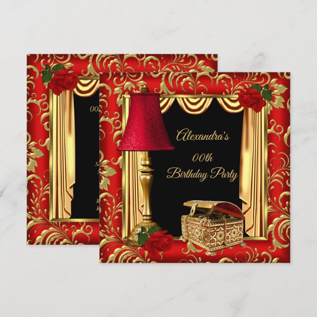 Invitation Red Gold Drapes Rose lampe boîte à bijoux Annivers (Devant / Derrière)