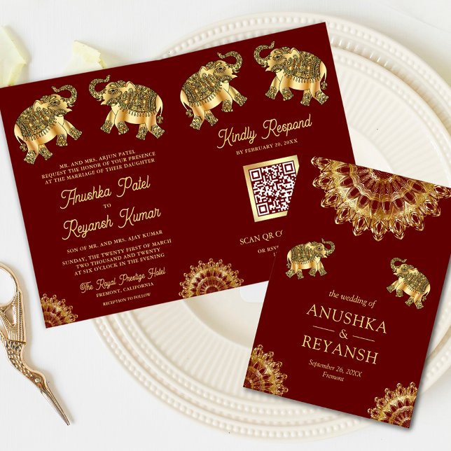 Invitation Red Gold Ethnic Elephants Indian QR Code Mariage (Créateur téléchargé)