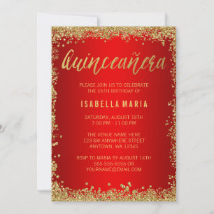 Invitation Red Gold Faux Parties scintillant Quinceanera 15e 