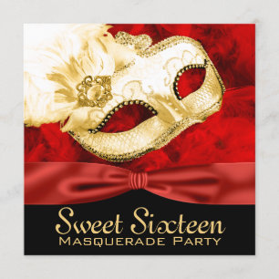 Invitation Red Gold Feather Sweet 16 Masquerade Party