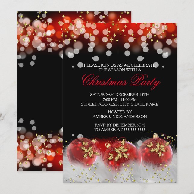 Invitation Red Gold Festive Baubles Noël Fête de Noël (Devant / Derrière)