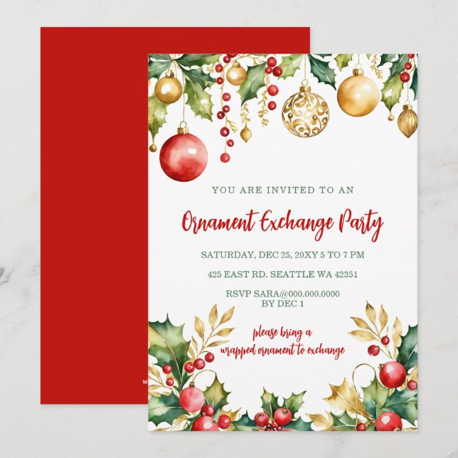 Invitation Red Gold Festive Ornament Exchange Christmas Party (Devant / Derrière)