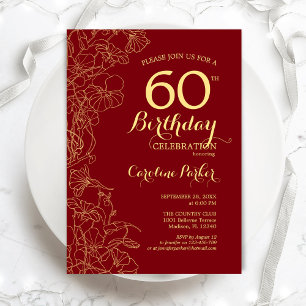 Invitation Red Gold Floral 60e fête d'anniversaire