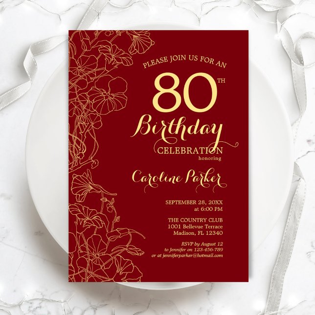Invitation Red Gold Floral 80e fête d'anniversaire (Créateur téléchargé)