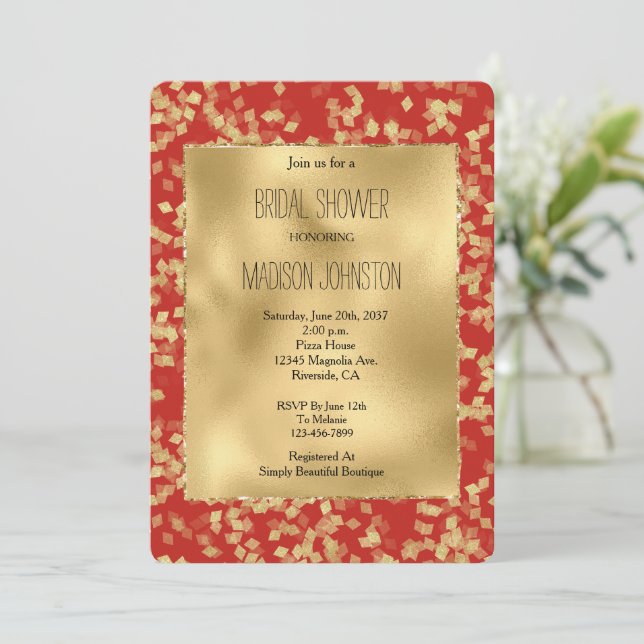 Invitation Red Gold Glam Confetti Fête des mariées Abstraite (Debout devant)