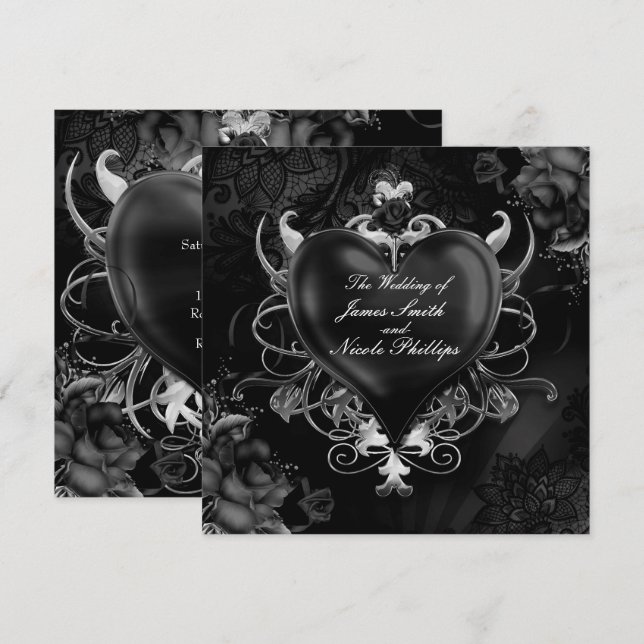Invitation Red & Gold Gothique Love Romance Mariage de coeur (Devant / Derrière)