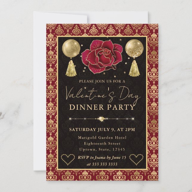 Invitation Red & Gold Heart Damask & Rose Valentine's Dinner (Devant)