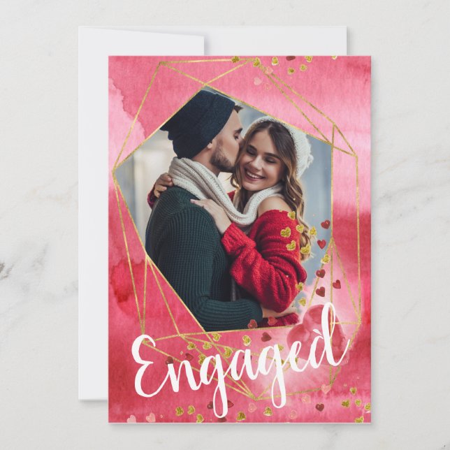 Invitation Red Gold Hearts Photo Valentine Engagement Party (Devant)
