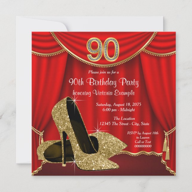 Invitation Red Gold High Heel 90e fête d'anniversaire (Devant)