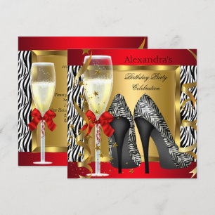 Invitation Red Gold High Heels Zebra Champagne Anniversaire