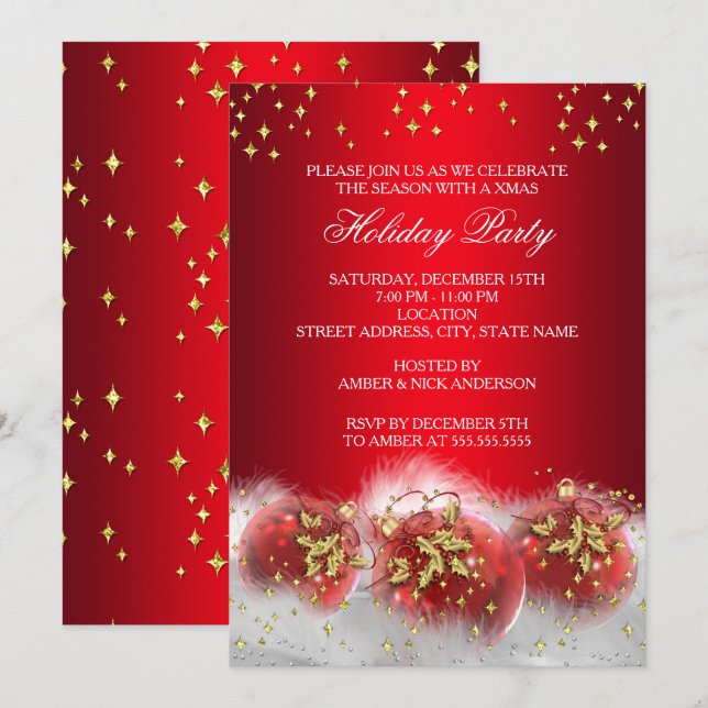 Invitation Red Gold Holly Baubles Noël Fête de Noël (Devant / Derrière)