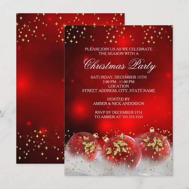 Invitation Red Gold Holly Baubles Noël Fête de Noël (Devant / Derrière)