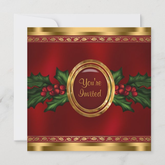 Invitation Red Gold Holly Fête de Noël d'entreprise (Devant)