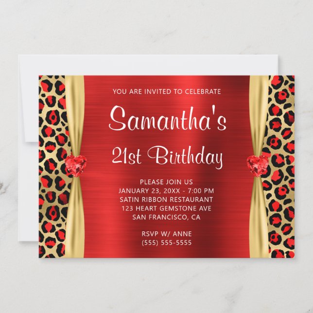 Invitation Red Gold Leopard Foil Gem Heart 21e anniversaire (Devant)
