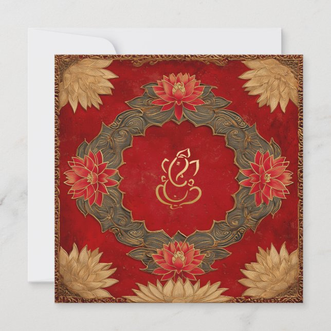 Invitation Red Gold Lotus Ganesh Dieu Mariage indien (Devant)