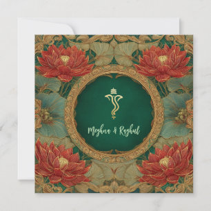 Invitation Red Gold Lotus Green Indian Ganesh Mariage