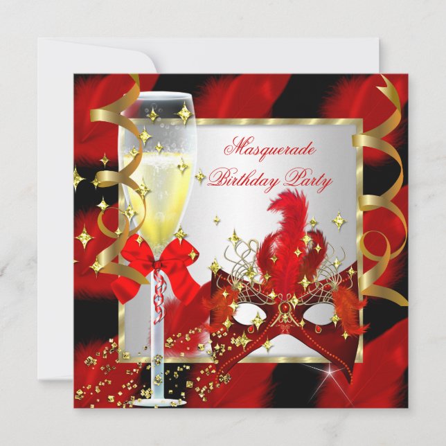 Invitation RED Gold Mask Masquerade Party Anniversaire (Devant)