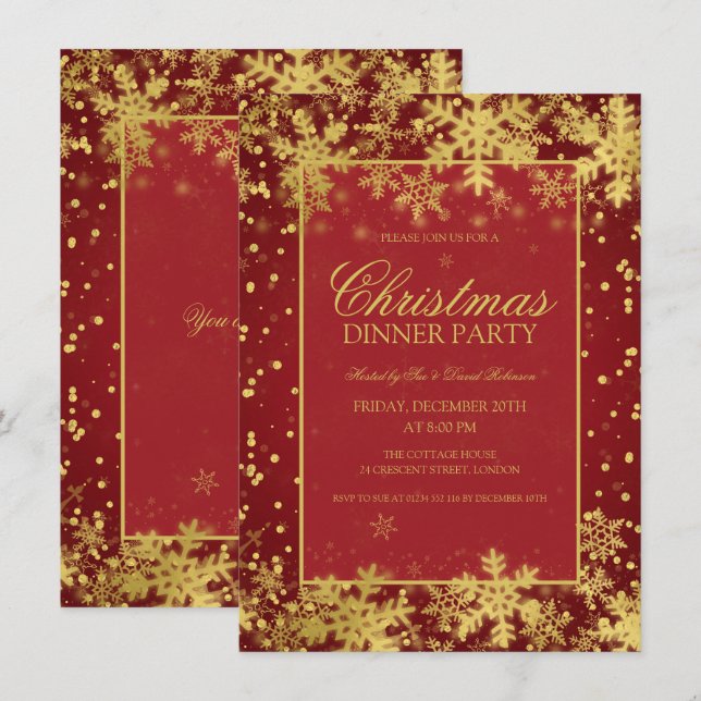 Invitation Red Gold Noël Dinner Party Winter Snowflics (Devant / Derrière)