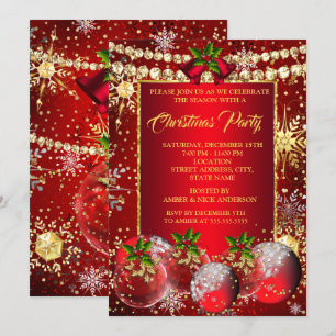 Invitation Red Gold Noël Fête Baubles Holly