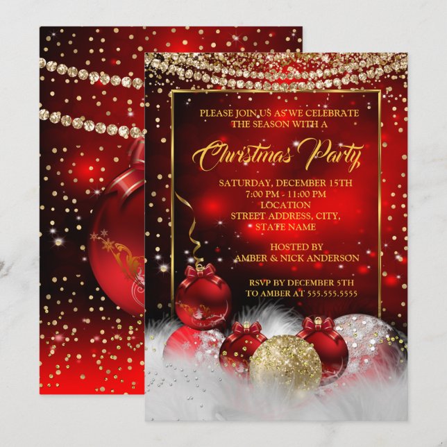Invitation Red Gold Noël fête la neige (Devant / Derrière)