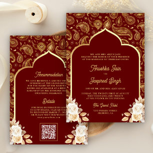Invitation Red Gold Paisley Floral QR Code Mariage indien