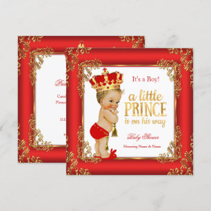 Invitation Red Gold Prince Baby shower Damask Blonde Boy