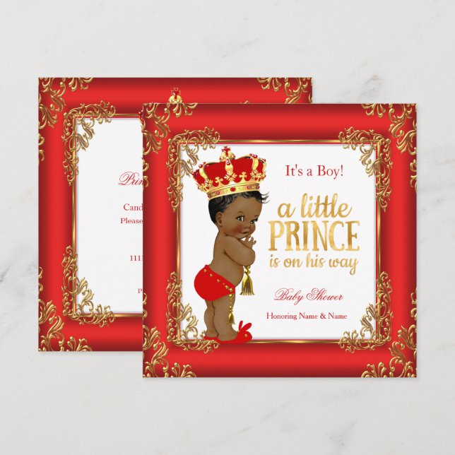 Invitation Red Gold Prince Baby shower Damask Ethnic Boy (Devant / Derrière)