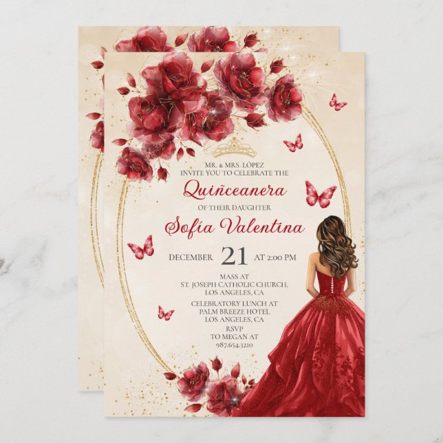Invitation Red & Gold Quinceañera (Devant / Derrière)