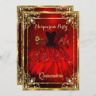 Invitation Red Gold Quinceanera robe Masquerade Party