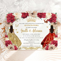 Red Gold Rose Floral Twins Quinceañera 15 XV