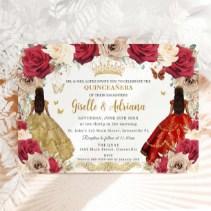 Invitation Red Gold Rose Floral Twins Quinceañera 15 XV