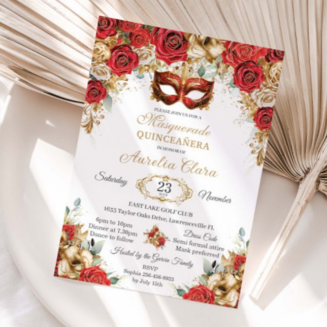Invitation Red Gold Roses Floral Masquerade Ball Quinceanera  (Créateur téléchargé)